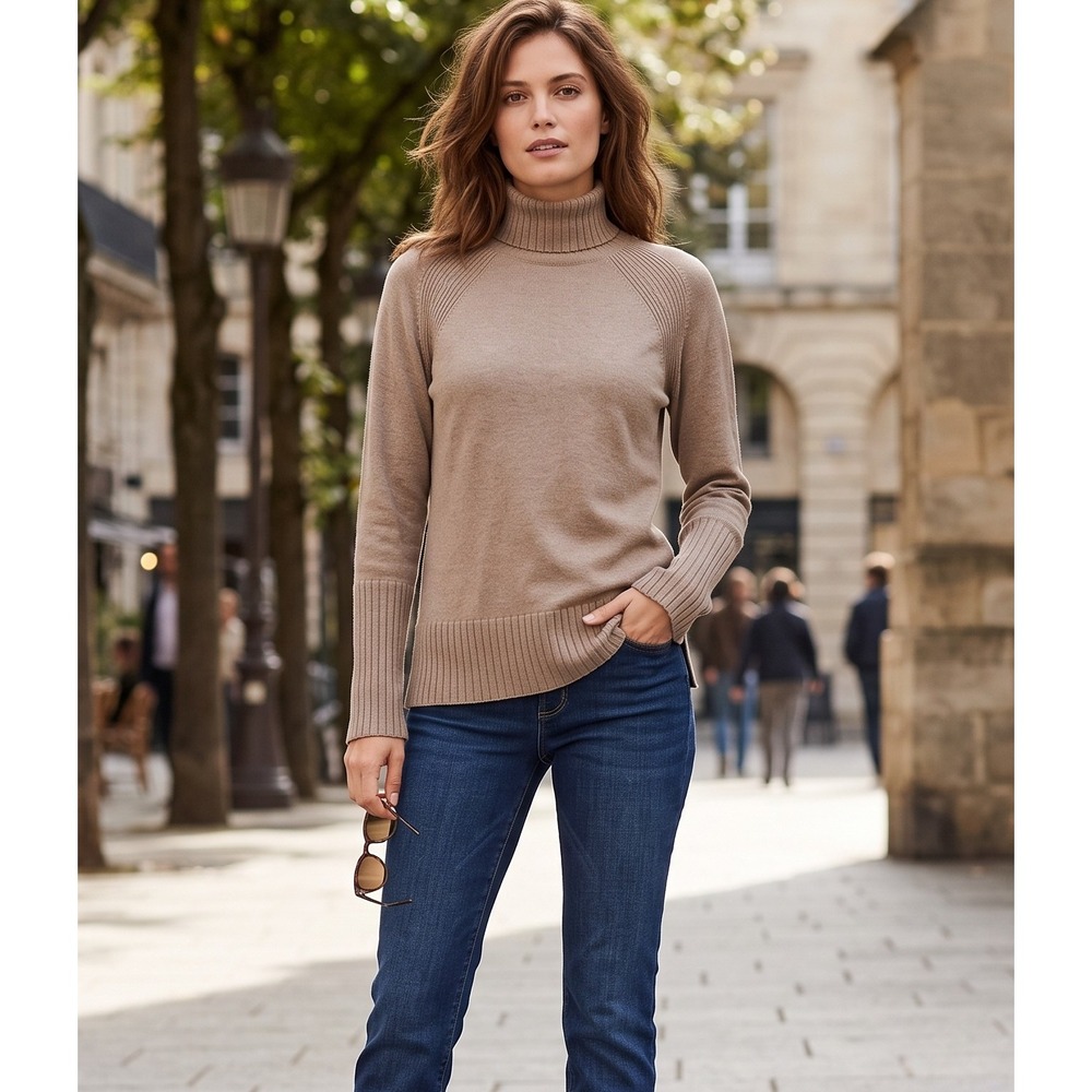 Tribal L Mocha Turtleneck Sweater with Ribbed Cuff and Hem Minimalist Earth Tone
